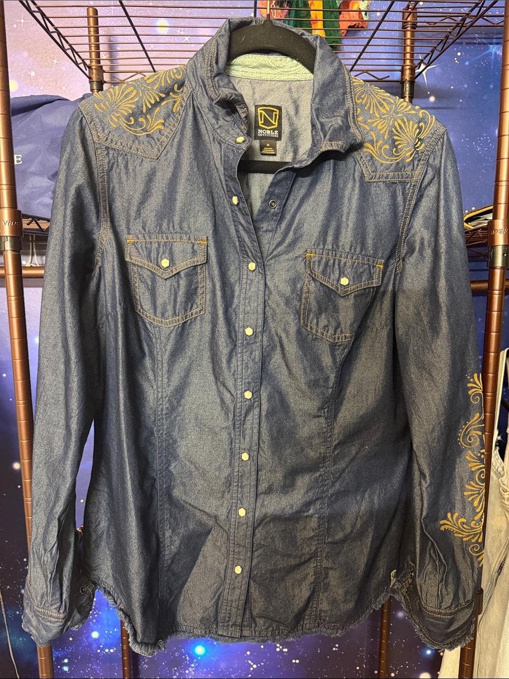 Noble Outfitters Denim-Style Embroidered Western Shirt - Blue